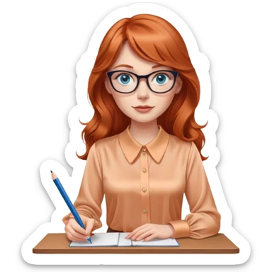 redheaded woman with very long wavy hair and bangs, blue eyes, clear cat-eye glasses, apricot silk blouse, pencil skirt, holding a pencil sticker