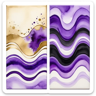 Black, white, gold, purple, abstract Watercolor paintings on three canvases next to each other  sticker