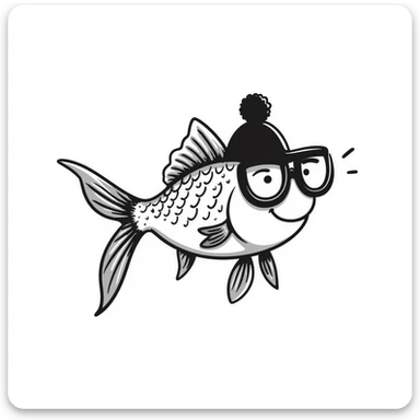 A hand-drawn goldfish with a derpy expression wearing oversized glasses sticker