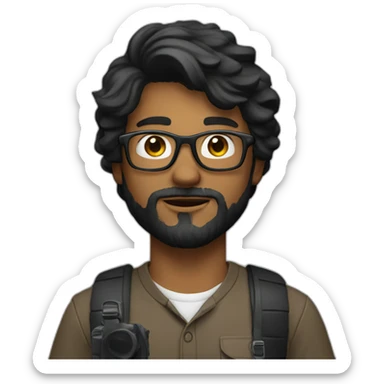 a filmmaker, young, black, straight hair, with a beard, wearing glasses and with a camera in his hand. Using black sticker