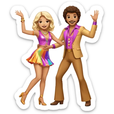 hombre y mujer bailando con ropa de disco de los 70s sticker