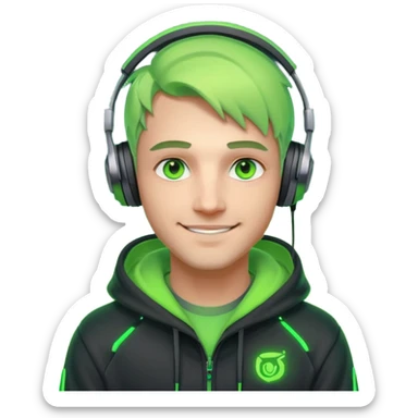 friendly streamer avatar, smiling man, stylized illustration, neon green eyes with soft warm highlights, hoodie and headset with neon accents, subtle cyberpunk vibe, dark background, clean lines, cozy and friendly mood sticker