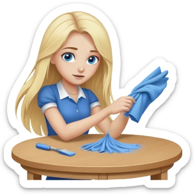 Cinematic realistic blonde with long hair, blue eyes wipes dust off the table sticker