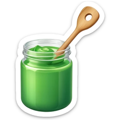 A small open plastic jar of vibrant green wax, wooden spatula inside sticker