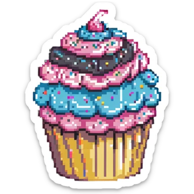 giant cupcake with pink icing and colorful sprinkles in pixel art style sticker