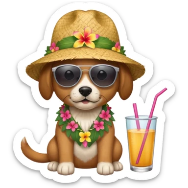 dog with sunglasses and straw hat, hawaii shirt sticker