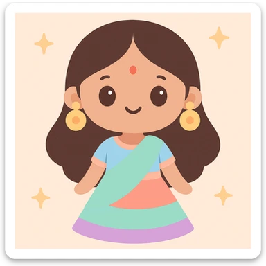 Indian girl with a bindi on her face, wearing a vibrant and festive lehenga, large earrings, colorful and joyful style sticker