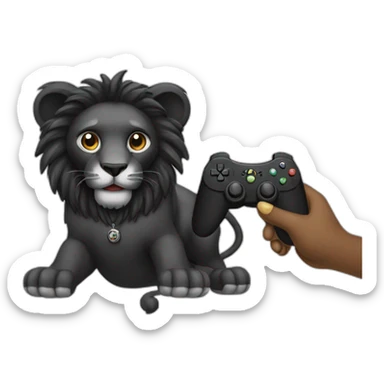 Black lion holding a controller playing a video game sticker
