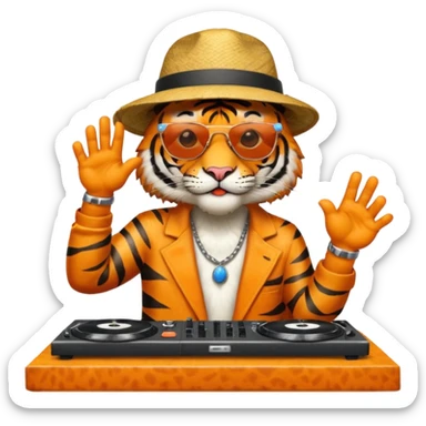 Un tigre con sombrero estilo cubano, una mesa de dj y gafas de sol. Una mano en la mesa de dj y la otra mano señalando al cielo a Dios sticker