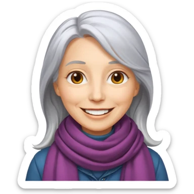 woman in her 50s, long silver hair, wearing a scarf, warm smile, emoji style sticker