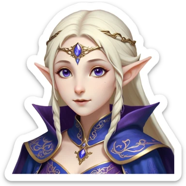Cinematic Realistic WoW Elf Mage Portrait, head tilted dramatically with an exaggeratedly amused expression, blending timeless arcane wisdom with a touch of unexpected playfulness. Her luminous, porcelain-like skin and delicate features, complemented by an intricately detailed robe in deep blues and purples with golden filigree, are rendered with lifelike texture and dynamic magical lighting, high shine, dramatic yet whimsical, capturing the essence of an elven mage whose epic mastery is tinged with charming irreverence. sticker