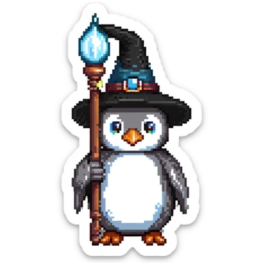 penguin wizard with a pointy hat and magic staff sticker
