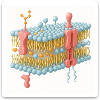 A highly detailed, scientifically accurate cross-section of a biological cell membrane (lipid bilayer) on a white background, ultra-realistic 3D illustration. Show the phospholipid bilayer with hydrophilic heads (round, polar) facing outward and hydrophobic tails (chains) inside. Include embedded proteins (integral and peripheral), cholesterol molecules (small, rigid), glycoproteins with sugar chains, and ion channels. The style should be clean, lab-textbook style, with subtle shadows and depth. Use a color scheme: light blue for hydrophilic heads, yellow for hydrophobic tails, red/pink for proteins, and orange for cholesterol. Microscope-like precision, no artistic stylization. sticker