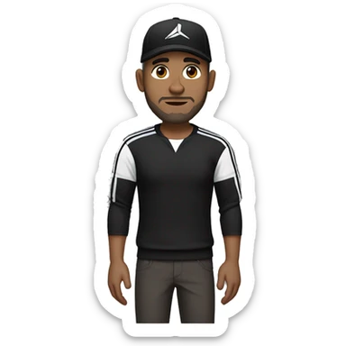 An adult pale male with stubble and a slightly gray beard, brown hair, black eyes, wearing a black Reebok cap with a round emblem on his head, and a black sweater with three white stripes on the sleeves underneath. sticker