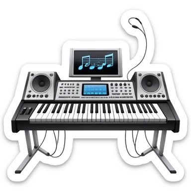 Create a professional and artistic emoji that represents writing music tracks. The design should feature a large monitor displaying musical notes or a score, positioned in front of a professional Korg synthesizer. Add elements like studio headphones, a MIDI keyboard, and an audio interface to symbolize the tools used in music production. Use sleek, modern colors like silver, black, and neon accents to convey the professional environment of music composition. The background should be transparent. sticker