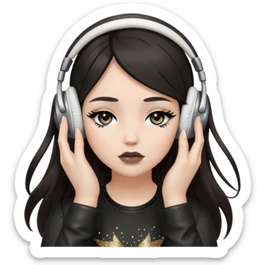 Girl with long dark hair, fair skin tone, wearing a black leather top, has glitter on her eyelids, and taupe lipstick, wearing white headphones, her hands are on her ears, and her eyes are looking down sticker