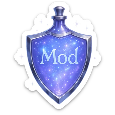 shield-shaped luxurious elixir bottle, color #7986cb, iridescent and silver details, intense magical glowing and sparkling effects, very small neck, seamless bottom, transparent background, floating, no base or shadow, modern, matching a collection, the word 'Mod' on the bottle sticker