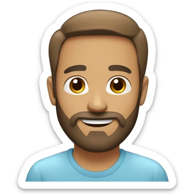 Face Shape: Oval with a slightly prominent forehead.
Skin Tone: Light.
Eyes: Light blue, wide and expressive.
Eyebrows: Light brown.
Mouth: Smiling with visible teeth.
Hair: Light brown
Full beard and mustache, light brown with some grey sticker