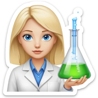 Blonde Female data scientist with blue eyes and an erlenmeyer flask sticker