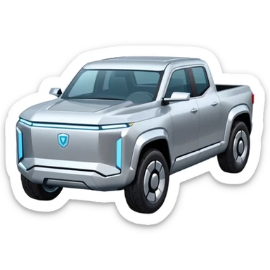 A futuristic electric pickup truck emoji, silver chrome body, angular cyber design, smooth metallic panels, subtle reflections, minimalistic proportions, iOS emoji style, centered composition, clean white background, soft lighting sticker