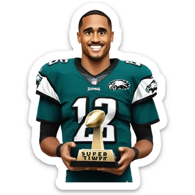Jalen Hurts from the Eagles holding a Super Bowl trophy  sticker