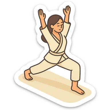 Edit the reference image of the girl to depict her in the warrior yoga pose, preserving her appearance and clothing, in a 2D isometric style with a white background, 512x512px. sticker