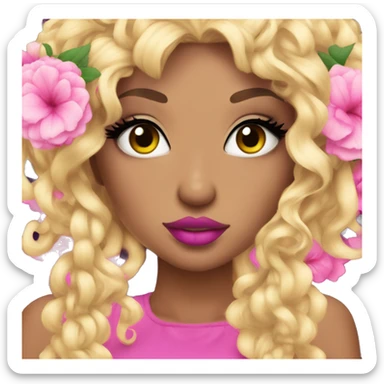 Gyaru girl with dramatic under lashes, flower in hair, bold pink lipstick, and curly blonde hair sticker