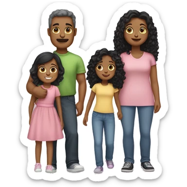 Family: one dad with dark hair , one mom with dark hair, sister with light brown curly hair, sister with black curly hair, sister with black straight hair, sister with light straight hair  sticker