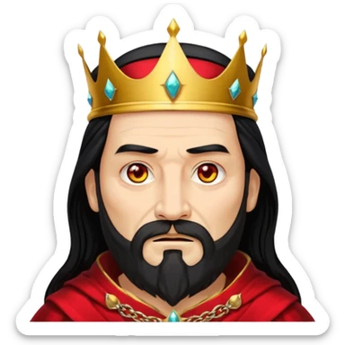 


an old king with yellow skin, red eyes, 60 years old, black hair, black beard, wearing a crown, red robe, fierce face, baron/lord vibe, longer hair cover the face, add scar
 sticker
