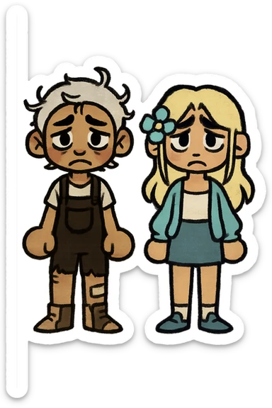 Create a couple image of these two cartoon characters standing side by side, both with sad expressions, matching their style, transparent background. sticker