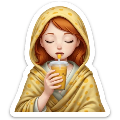 dark ginger haired girl with pale skin, wrapped in a blanket, sipping boba, eyes closed sticker