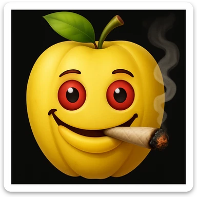 Add a cartoon joint with smoke to the smiley face made of apples as eyes and a banana as the mouth. Make it look like the face is smoking weed, keep the emoji style. sticker
