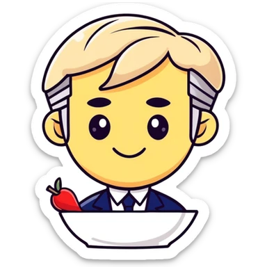 playful sticker emoji of a flan dessert with facial features and hairstyle of François Fillon, cute humorous cartoon style sticker