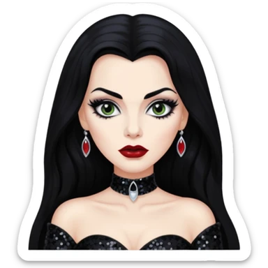 Vampira with long black hair, black sequin outfit sticker