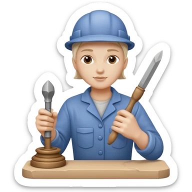 Apple Memoji-style 3D emoji of a sculptor with a small statue and chisel, smooth gradients, rounded edges, no background.during sculting sticker