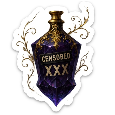 premium crystal elixir bottle with edgy forbidden elixir vibe, bottle has censored words or labels like 'XXX' and 'CENSORED', dark colors, lots of glowing, edges, ornaments, golden details, magical effects, very small golden neck, transparent background, beautiful seamless bottom, bottle clearly floating in air, no base or shadow, very luxurious, edgy, fitting a collection sticker