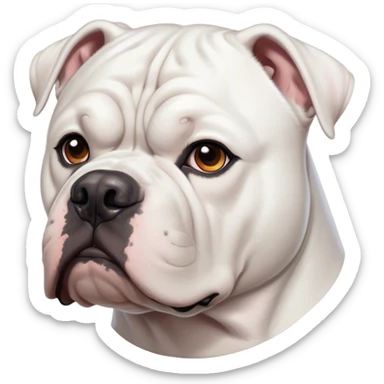 Cinematic Noble White American Bulldog Portrait Emoji, Poised and regal, with a powerful, muscular build and a sleek, well-groomed pure white coat, deep-set soulful brown eyes, Simplified yet sharp and sophisticated features, highly detailed, glowing with a soft, dignified glow, high shine, intelligent and loyal, stylized with an air of strength, focused and attentive, soft glowing outline, capturing the essence of a watchful and confident guardian, so majestic it feels as though it could step out of the screen with effortless authority! sticker