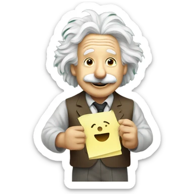 happy albert einstein holding Sticky Note with "New" Written on It in one hand sticker