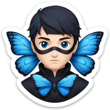 Emoji para usar en WhatsApp con estos dos emoji 🥷🏻 🦋.
Ninja vestido de negro con los ojos negros y con la piel blanca y una mariposa azul posada en su hombro izquierdo como si la mariposa estuviera volando en el hombro. sticker
