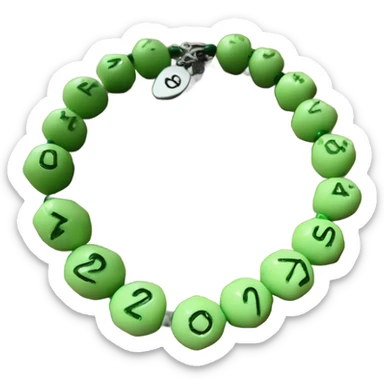 green pistachio colored bracelet that is made  up of beads that says 27 years old sticker