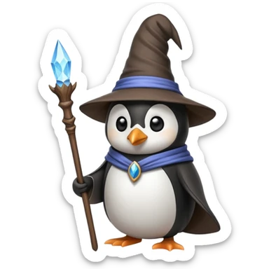 penguin wizard, magical, holding a staff, wearing a wizard hat sticker
