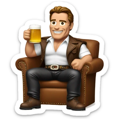 Arnold Schwarzenegger wearing Bavaria leather pants and Holding a Beer sticker