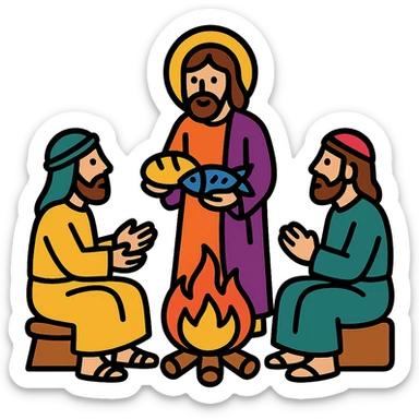 Jésus servant du pain et des poissons grillés à ses amis autour d’un feu, Jean 21, style icône moderne, couleurs lumineuses sticker