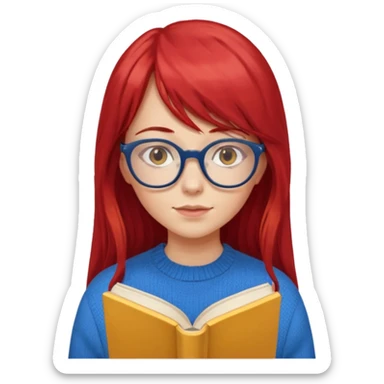 a girl with long red hair and bangs with glasses wearing blue sweater reading a yellow cover book sticker