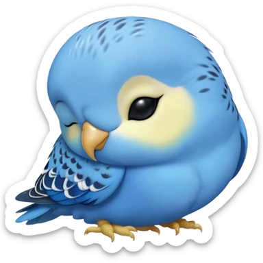 Meme-Worthy Cute Sleeping Blue Budgie Portrait Emoji, Head resting peacefully with a contented smile, showcasing a petite, delicate build and a luxuriously soft blue feathered fur, eyes shut in a serene nap, Simplified yet hilariously adorable features, highly detailed, glowing with a soft, drowsy light, high shine, relaxed and utterly lovable, stylized with an air of playful laziness, bright and heartwarming, soft glowing outline, capturing the essence of a comically sleepy budgie, so meme-worthy it feels like it could instantly become the next viral sensation of adorable slumber! sticker