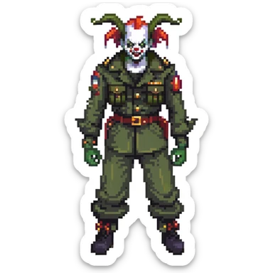 evil clown soldier, bald, small black satan horns on forehead, fangs, pointed ears, eye patch over one eye, black and military green clothes with bellbottom pants, realistically proportioned, less bulky, full body, fighting stance sticker