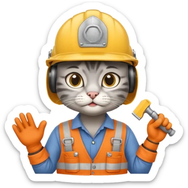 gray cat, handyman Outfit, wearing a Helmet sticker