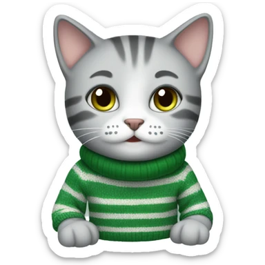 Cute gray cat wearing green stripe sweater sticker