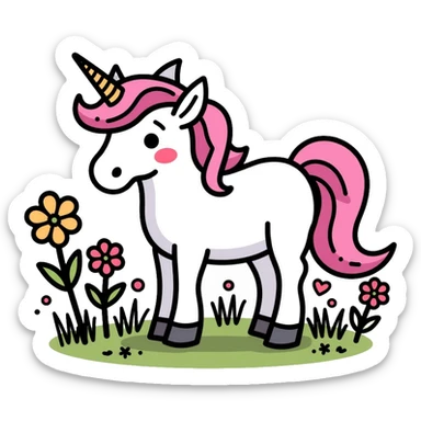 unicorn standing in a field of flowers sticker