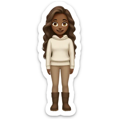 Girl with long lashes and long brown hair wearing a creamy sweater and light brown pants with brown uggs sticker